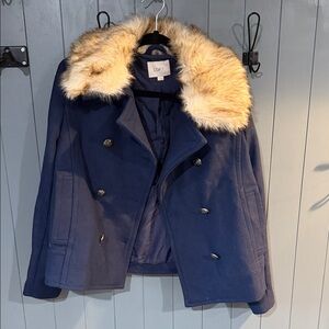 LOFT Dark Blue Pea Coat with Faux Fur Collar
